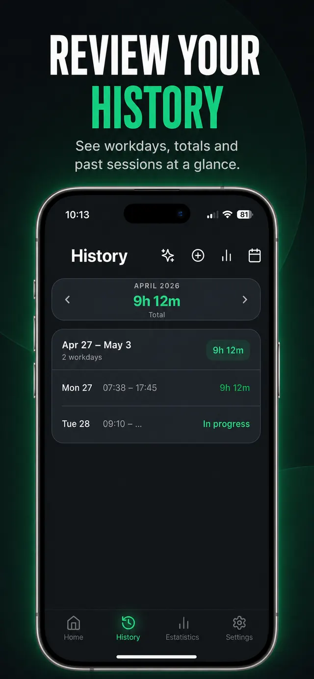 Pantalla de l'historial de JORN amb els totals mensuals
