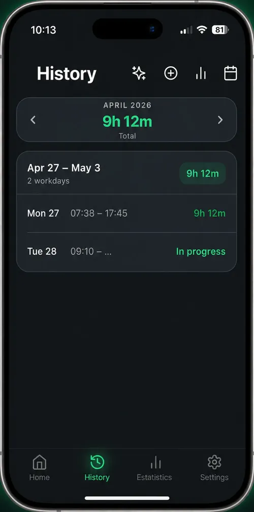 Real JORN history screen with the recorded workdays and hours