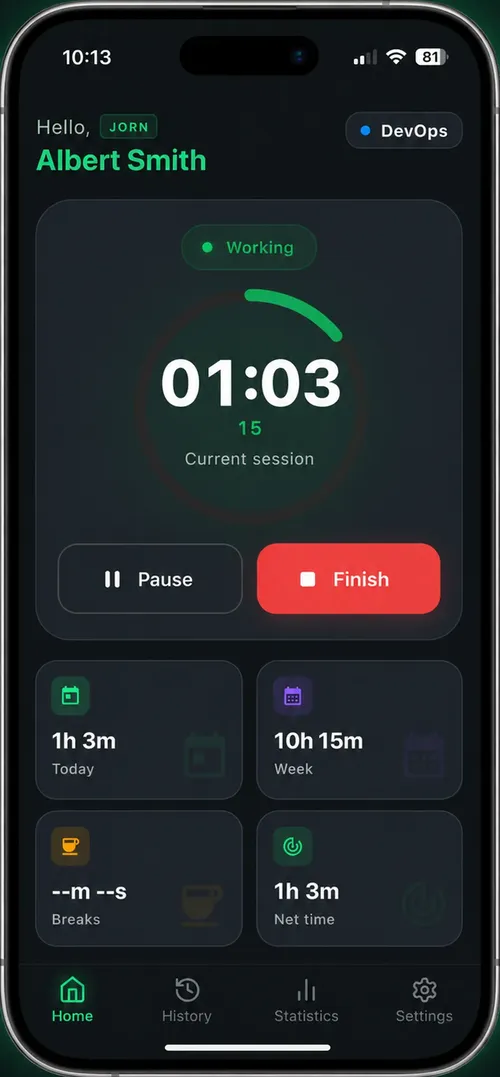 Real JORN home screen with a running session and the pause and finish controls